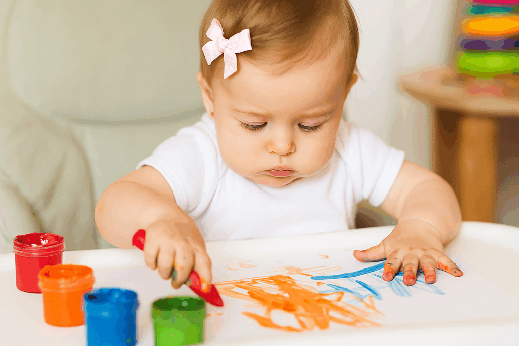 bebe ensuciandose la manos con pintura estimulación temprana