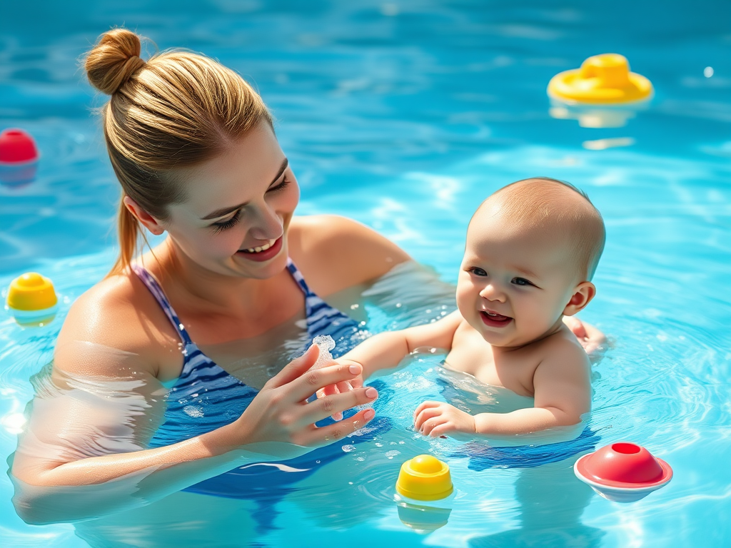Instructora sonriente interactuando con un bebé feliz en la piscina, rodeados de juguetes flotantes.