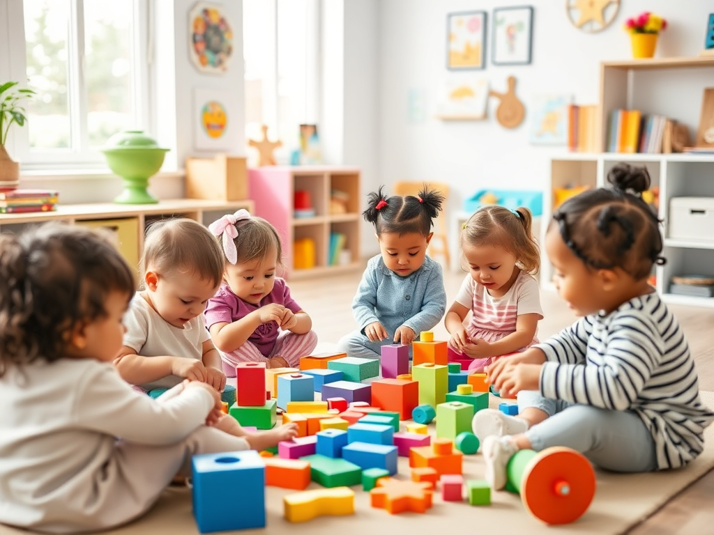 Grupo de cinco bebés y niños pequeños sentados en el suelo, jugando con grandes bloques de construcción de colores en un entorno de guardería o sala de juegos.