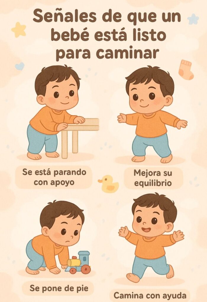 Ilustración educativa con señales que indican que un bebé está listo para caminar como parte de la estimulación temprana.